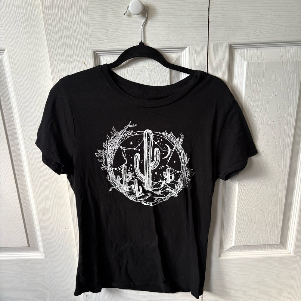 Black Graphic Tee with Cactus Design